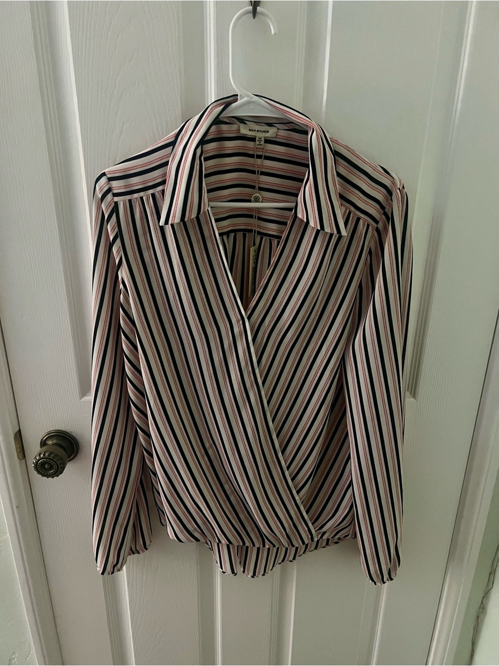 Max Studio Striped Faux-Wrap Blouse, Size Medium with Tags